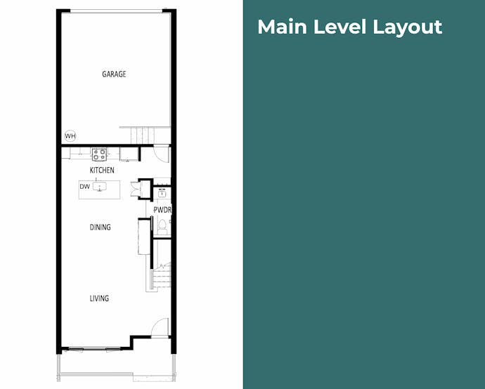 Main level layout of the Victoria Commons townhome